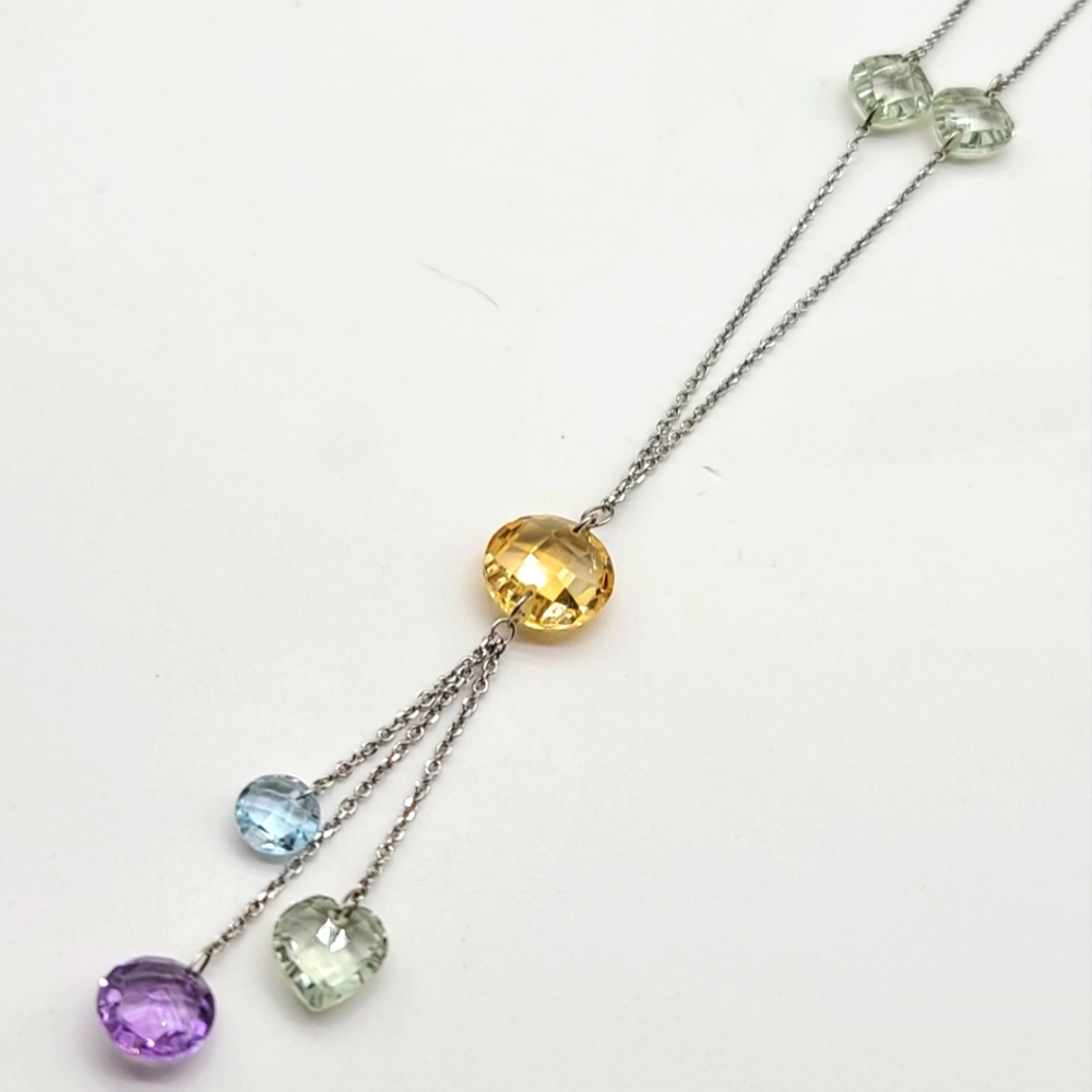 Italy 925 Silver Lariat Waterfall Necklace w Faceted Cut Glass Pastel Stones $68